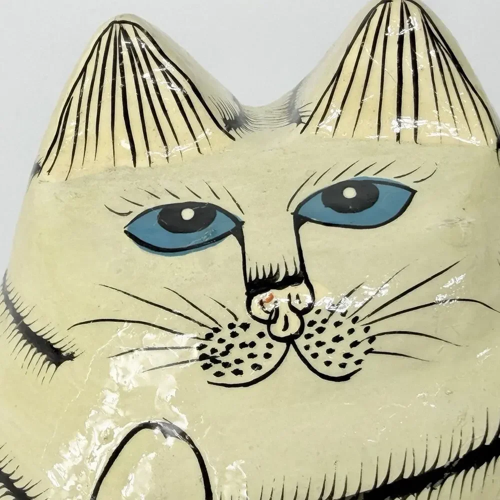 Vtg Sudha Cat Trinket Box Paper Mache Lacquer Black White Tiger Enamel Folk Art